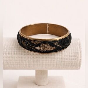 Vintage Black Lace Wrap Brass Bangle Bracelet | Boho Gothic Statement Jewelry
